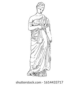 Isolated vector illustration. Standing ancient Greek lady in long dress. Goddess Aphrodite or Venus. Antique female sculpture. Tanagra statuette. Hand drawn linear sketch. Black silhouette on white.