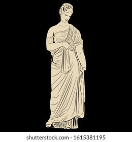 Isolated vector illustration. Standing ancient Greek lady in long dress. Goddess Aphrodite or Venus. Antique female sculpture. Tanagra statuette. Monochrome silhouette.