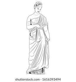 Isolated vector illustration. Standing ancient Greek lady in long dress. Goddess Aphrodite or Venus. Antique female sculpture. Tanagra statuette. Black and white linear silhouette.