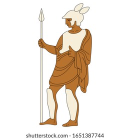  Ilustración vectorial aislada. El antiguo guerrero griego con casco y lanza. 