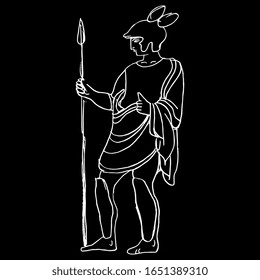  Vektorillustration einzeln. Stehender alter griechischer Krieger mit Speer im Helm. Handgezeichnete lineare Doodle-Skizze.Weiße Silhouette auf schwarzem Hintergrund.