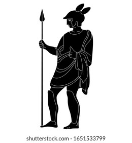 Isolated vector illustration. Standing ancient Greek warrior in helmet with spear. Black and white silhouette.