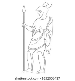 Isolated vector illustration. Standing ancient Greek warrior in helmet with spear. Black and white linear silhouette.