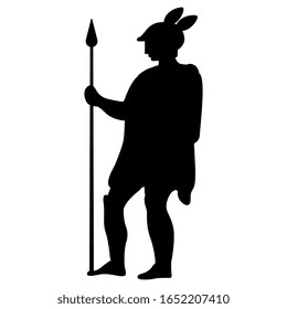 Isolated vector illustration. Standing ancient Greek warrior in helmet with spear. Black silhouette on white background.