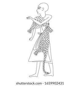Isolated vector illustration. Standing ancient Egyptian priest in leopard skin. Black and white linear silhouette.