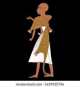 Isolated vector illustration. Standing ancient Egyptian priest in leopard skin.