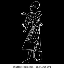 Isolated vector illustration. Standing ancient Egyptian priest in leopard skin. Hand drawn linear doodle sketch. White silhouette on black background.