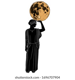 Isolated vector illustration. Standing ancient Greek woman or goddess holding full moon. Selene or Nyx. Muse Urania.