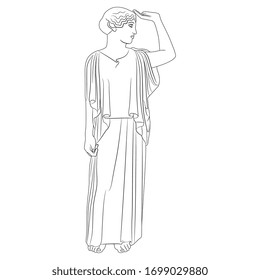 Isolated vector illustration. Standing ancient Greek woman or goddess with raised hand. Black and white linear silhouette. 