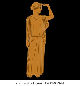 Isolated vector illustration. Standing ancient Greek woman or goddess with raised hand. Vase painting style.