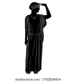 Isolated vector illustration. Standing ancient Greek woman or goddess with raised hand. Black and white linear silhouette. 