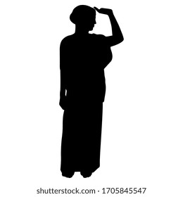 Ilustración vectorial aislada. La antigua mujer o diosa griega con la mano levantada tocando la cabeza. Silueta negra sobre fondo blanco.