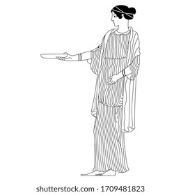 Isolated vector illustration. Standing ancient Greek woman holding bowl. Vase painting style. Black and white linear silhouette.