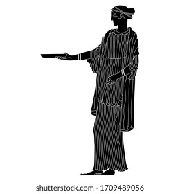 Isolated vector illustration. Standing ancient Greek woman holding bowl. Vase painting style. Black and white linear silhouette.