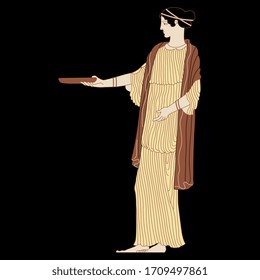 Isolated vector illustration. Standing ancient Greek woman holding bowl. Vase painting style.