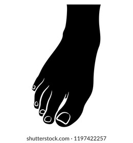 Isolated vector illustration of a standing bare human female foot. Top view. Black and white linear silhouette. Cartoon style.
