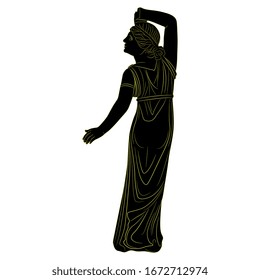 Isolated vector illustration. Standing or dancing ancient Greek girl or nymph. Black silhouette on white background.