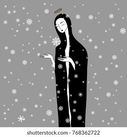 Isolated vector illustration. Standing figure of a female saint or Virgin under snow. Goddess of Nature. Based on hand drawn original style art.