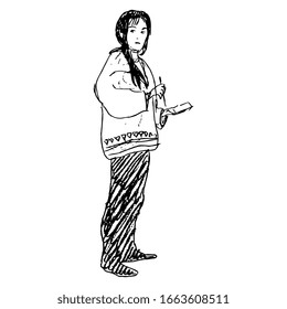 Isolated vector illustration. Standing girl in casual clothes holding cell phone and stylus. Hand drawn linear doodle ink sketch. Black silhouette on white background.