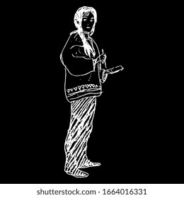 Isolated vector illustration. Standing girl in casual clothes holding cell phone and stylus. Hand drawn linear doodle sketch. White silhouette on black background.