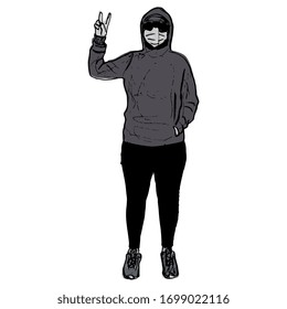 Isolated vector illustration. Standing girl in sportive clothes wearing medical facial mask. Person showing victory gesture. Hand drawn colorful doodle sketch.
