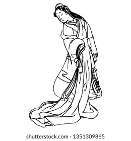 Isolated vector illustration. Standing Japanese girl or geisha in kimono. Based on traditional vintage art. Hand drawn linear doodle ink sketch. Black silhouette on white background.