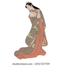 Isolated vector illustration. Standing Japanese girl or geisha in kimono. Based on traditional vintage art. Cartoon style.