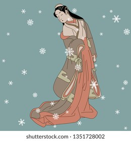 Isolated vector illustration. Standing Japanese girl or geisha in kimono under snowflakes. Based on traditional vintage art. Cartoon style.