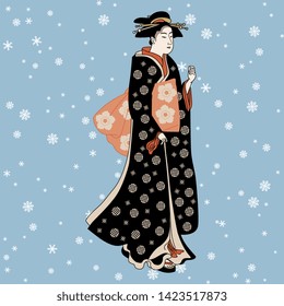 Isolated vector illustration. Standing Japanese woman or geisha in kimono under snowflakes. Vintage motif. Cartoon style.