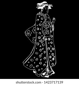 Isolated vector illustration. Standing Japanese woman or geisha in kimono. Hand drawn linear doodle sketch. White silhouette on black background.