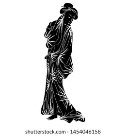 Isolated vector illustration. Standing Japanese girl in kimono. Vintage style. Black and white silhouette.