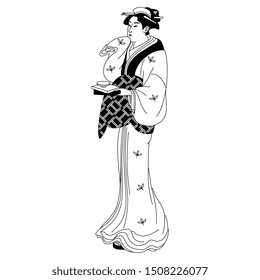 Isolated vector illustration. Standing Japanese girl in kimono holding a cup of tea or sake. Black and white linear silhouette.