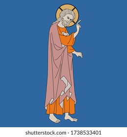 Isolated vector illustration. Standing Jesus Christ with pointing gesture. Christian icon. Medieval art. Illuminated manuscript decor.