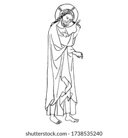 Isolated vector illustration. Standing Jesus Christ with pointing gesture. Christian icon. Medieval art. Hand drawn linear doodle sketch. Black silhouette on white background.