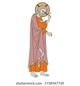 Isolated vector illustration. Standing Jesus Christ with pointing gesture. Christian icon. Medieval art. Illuminated manuscript decor.