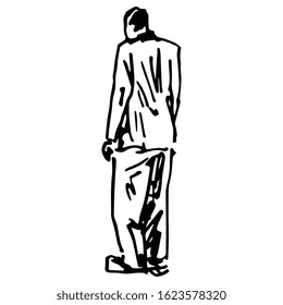 Isolated vector illustration. Standing man in a costume from back. Hand drawn linear doodle ink sketch. Black silhouette on white background.