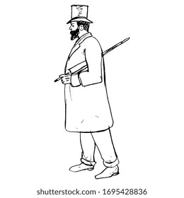 Isolated vector illustration. Standing man in vintage clothes. Victorian gentleman in cylinder with umbrella. XIX century fashion. Hand drawn linear ink sketch. Black and white silhouette. 