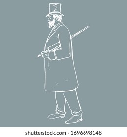  Vektorillustration einzeln. Stehender Mann in Vintage-Kleidung. viktorianischer Gentleman in Zylinder mit Regenschirm. Mode aus dem 19. Jahrhundert. Handgezeichnete lineare Skizze. Monochrome Silhouette.