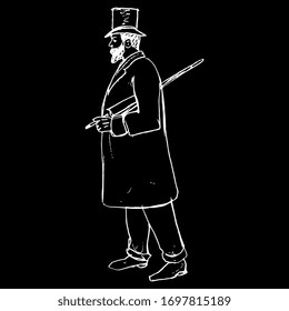 Isolated vector illustration. Standing man in vintage clothes. Victorian gentleman in cylinder with umbrella. XIX century fashion. Hand drawn linear doodle sketch. White silhouette on black background
