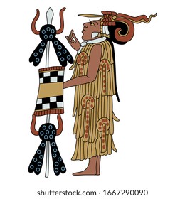 Isolated vector illustration. Standing Mayan priest or noble man. Ancient Mexican art.