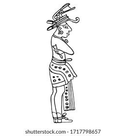 Isolated vector illustration. Standing Mayan man. Ancient Mexican Native American art. Hand drawn linear doodle ink sketch. Black silhouette on white background.