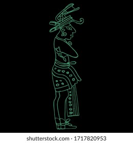 Isolated vector illustration. Standing Mayan man. Ancient Mexican Native American art. Hand drawn linear doodle sketch. Green silhouette on black background.