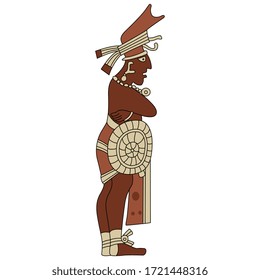 Ilustración vectorial aislada. Hombre maya de pie. Antiguo arte nativo americano de indios mexicanos.