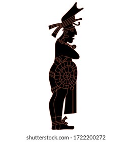 Isolated vector illustration. Standing Mayan man. Ancient Native American art of Mexican Indians. Monochrome black and red silhouette.