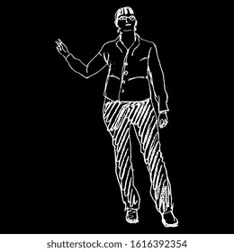 Isolated vector illustration. Standing modern woman in casual cloth. Business lady with raised bent arm. Female teacher explaining material. Hand drawn linear doodle sketch. White silhouette on black 