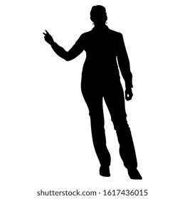 Isolated vector illustration. Standing modern woman in casual cloth. Business lady with raised bent arm. Black silhouette on white background.