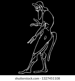Isolated vector illustration. Standing satyr. Fantastic ancient Greek male character. Hand drawn linear doodle sketch. White silhouette on black background.