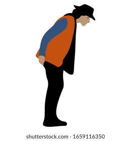 Ilustración vectorial aislada. Un joven delgado con sombrero y chaleco. Hombre en perfil doblando hacia adelante.