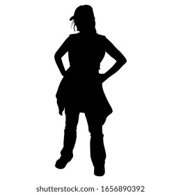 Isolated vector illustration. Standing tourist girl in casual clothes. Hands on hips young woman. Black silhouette on white background.