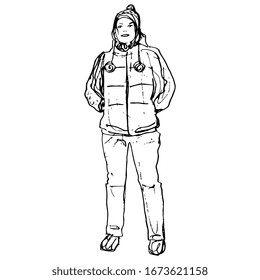 Isolated vector illustration. Standing tourist woman in winter clothes. Hand drawn linear doodle sketch. Black silhouette on white background.